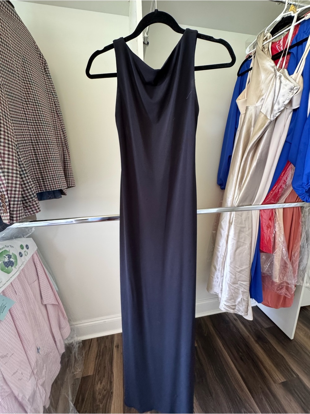 Sleek Black Backless Cowl Neck Evening Gown
